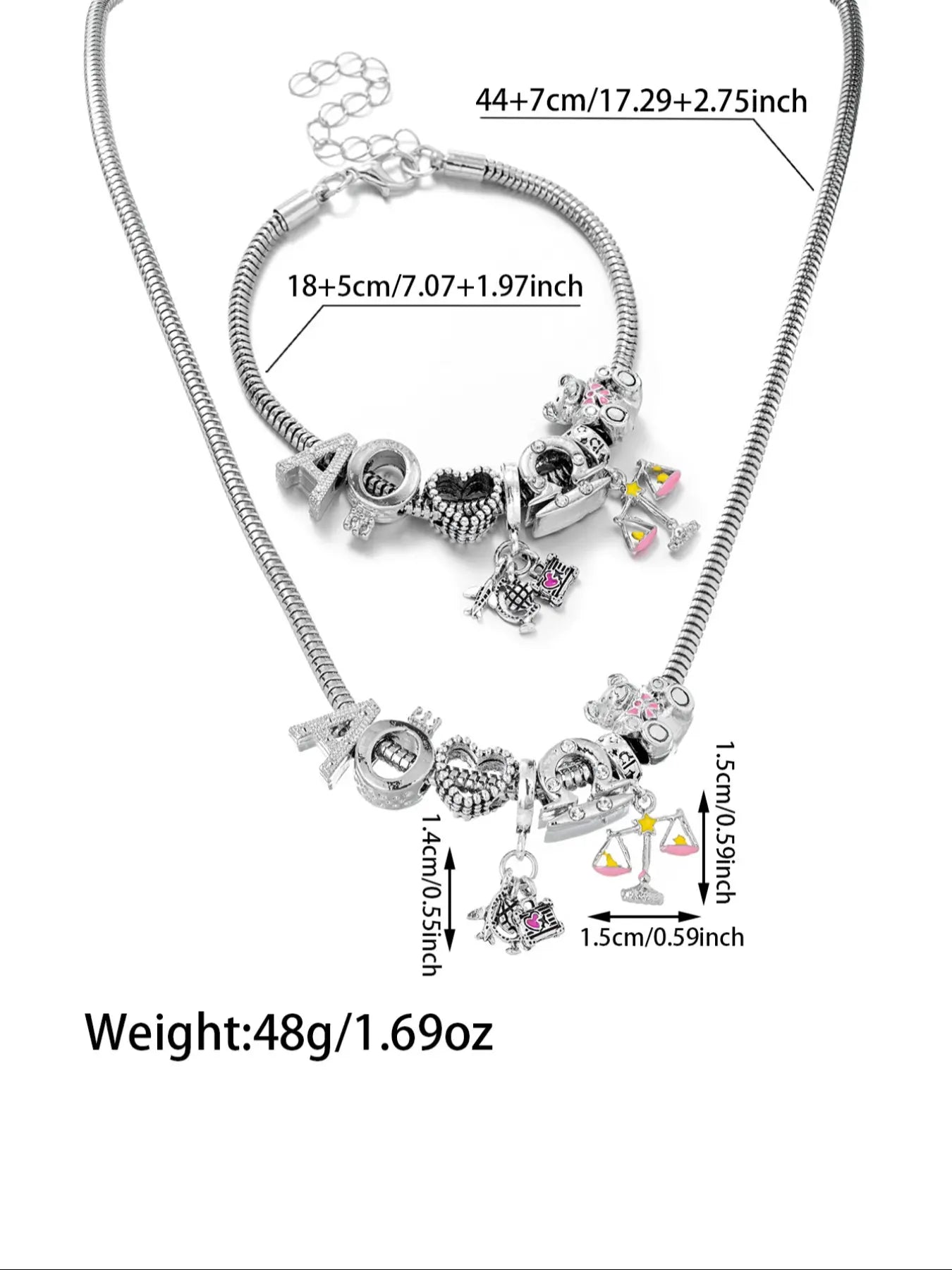 Elegant Bear Zodiac Pendant Necklace and Bracelet Set, Letter Necklace Set, Heart Initial Jewelry for Women, Perfect Gift for Holidays and Birthdays, Zirconia Jewelry Set