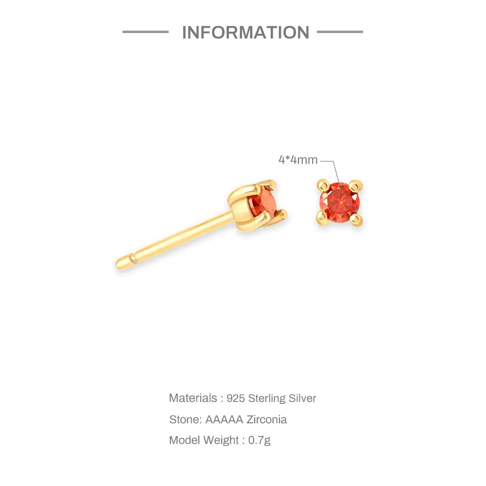Birthstone Stud Earrings for Women — 925 Sterling Silver, 18K Gold Plated, Mini CZ