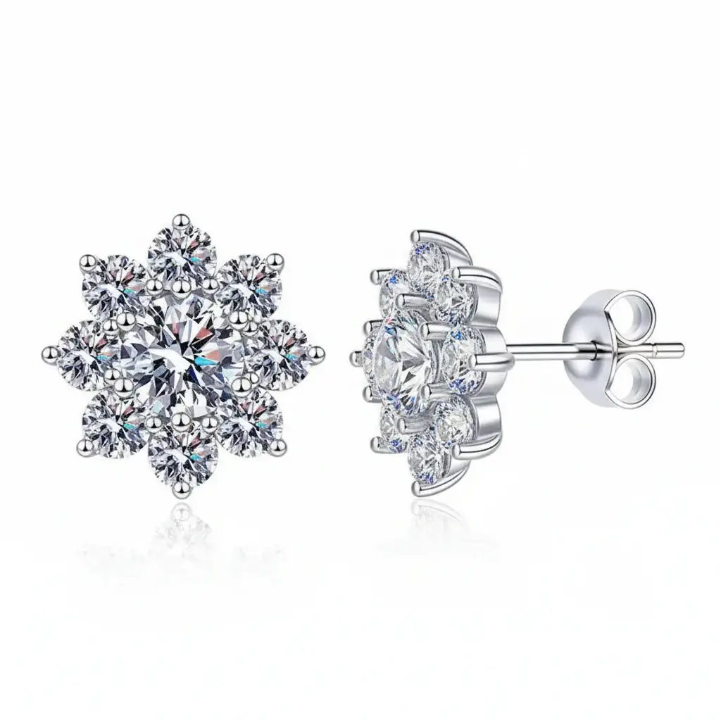 1CT Moissanite Snowflake Sunflower Earrings 925 Silver – Cute Star Floral Studs Gift for Women
