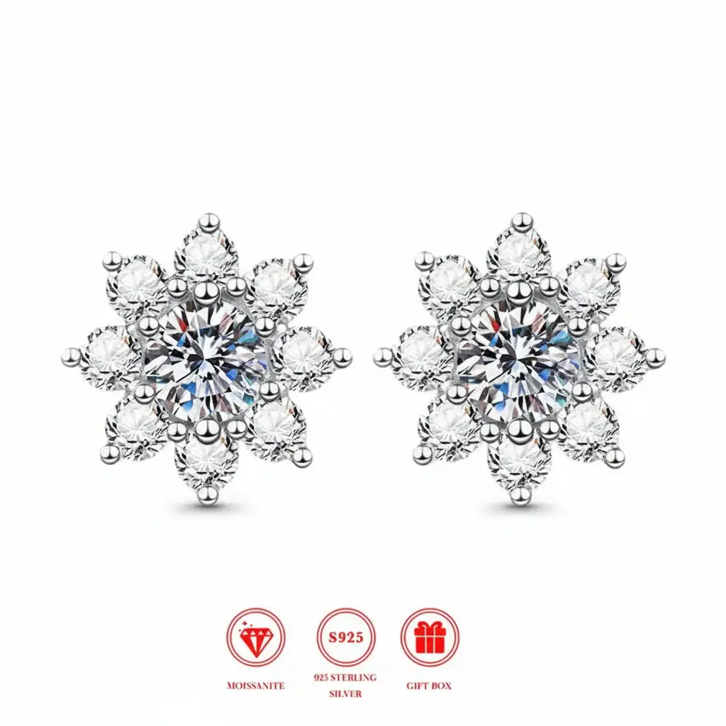 1CT Moissanite Snowflake Sunflower Earrings 925 Silver – Cute Star Floral Studs Gift for Women
