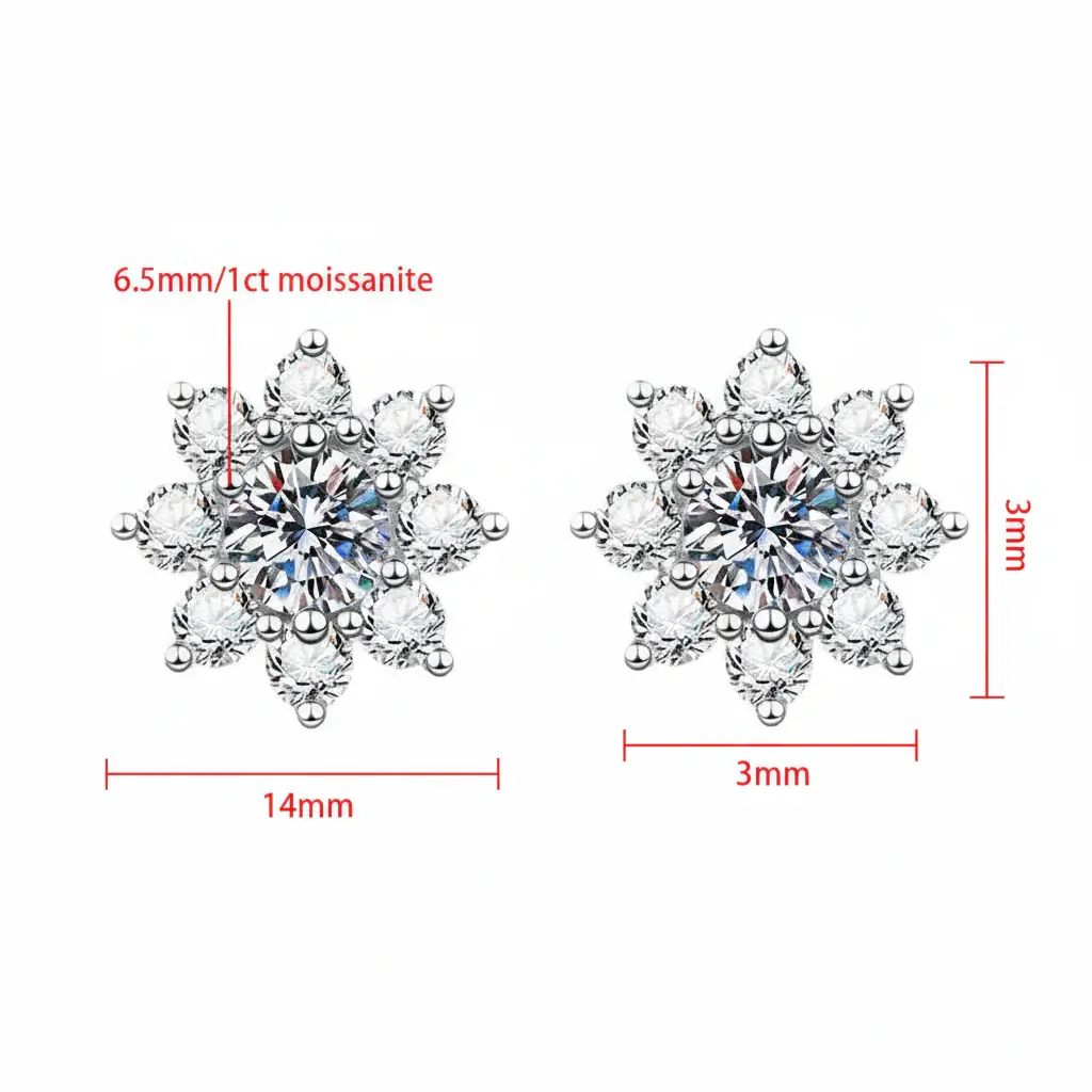 1CT Moissanite Snowflake Sunflower Earrings 925 Silver – Cute Star Floral Studs Gift for Women