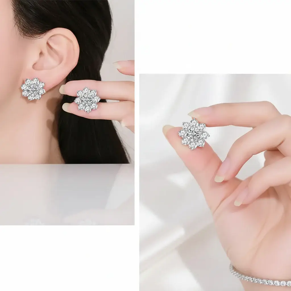 1CT Moissanite Snowflake Sunflower Earrings 925 Silver – Cute Star Floral Studs Gift for Women
