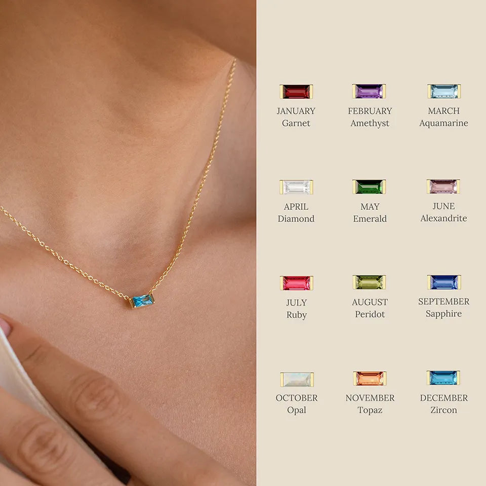 Birthstone Charm Necklace for Women — Baguette CZ Pendant, 925 Sterling Silver