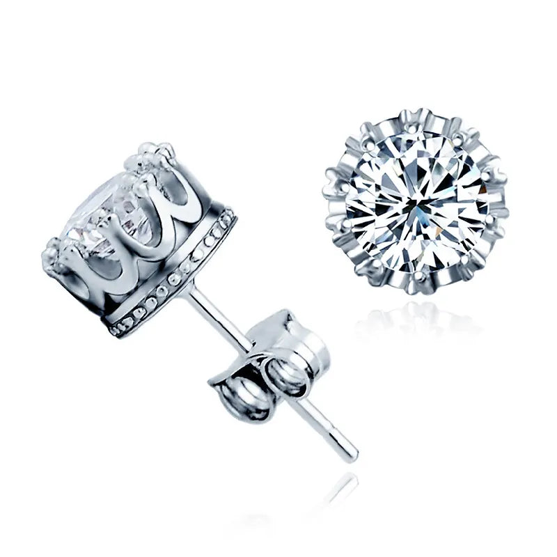 Crown Stud Earrings for Women — 1 Carat CZ, 925 Sterling Silver, Rhodium Plated