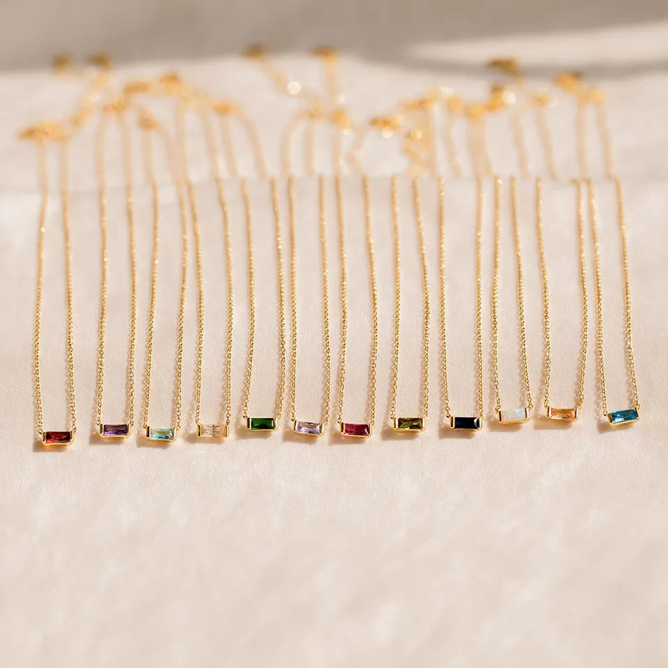 Birthstone Charm Necklace for Women — Baguette CZ Pendant, 925 Sterling Silver