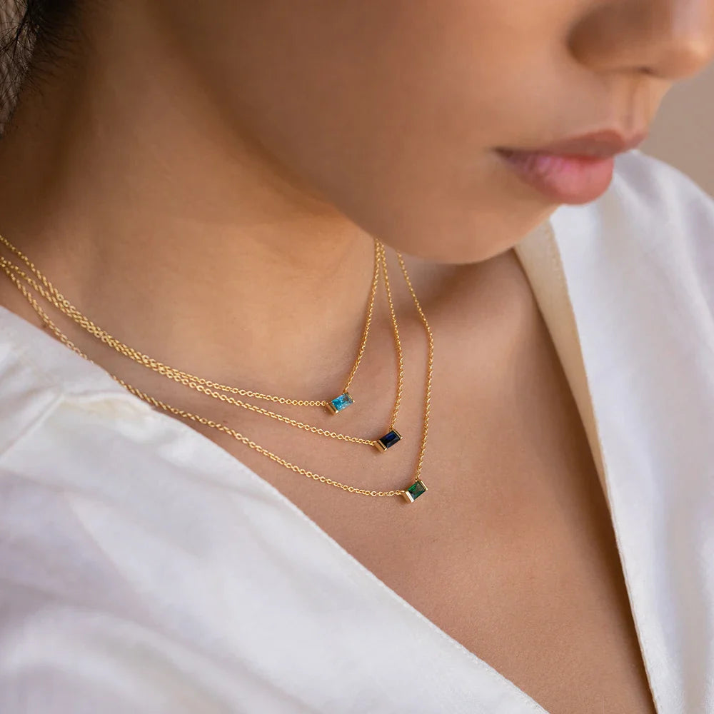Birthstone Charm Necklace for Women — Baguette CZ Pendant, 925 Sterling Silver