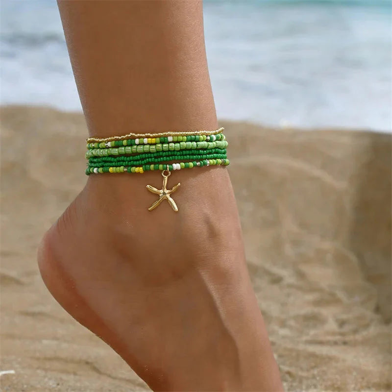 Bohemia Multilayer Rice Bead Anklet Set for Women Fashion Starfish Pendant Anklets Summer Sandy Beach Ankle Chain on Leg Jewelry
