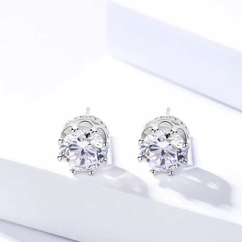 Crown Stud Earrings for Women — 1 Carat CZ, 925 Sterling Silver, Rhodium Plated