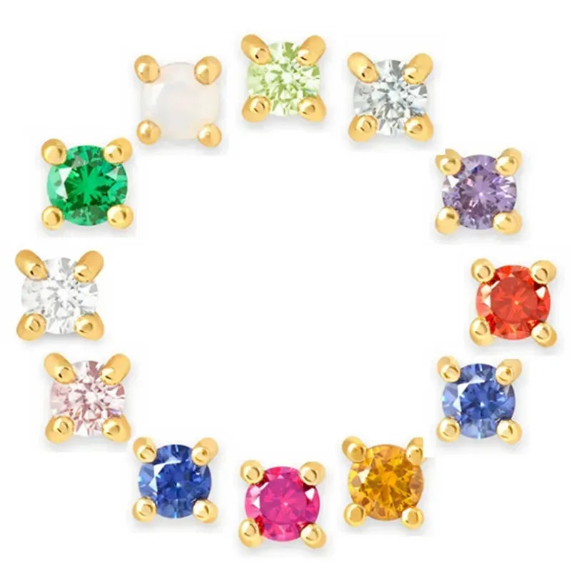 Birthstone Stud Earrings for Women — 925 Sterling Silver, 18K Gold Plated, Mini CZ