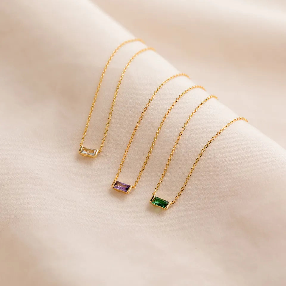 Birthstone Charm Necklace for Women — Baguette CZ Pendant, 925 Sterling Silver