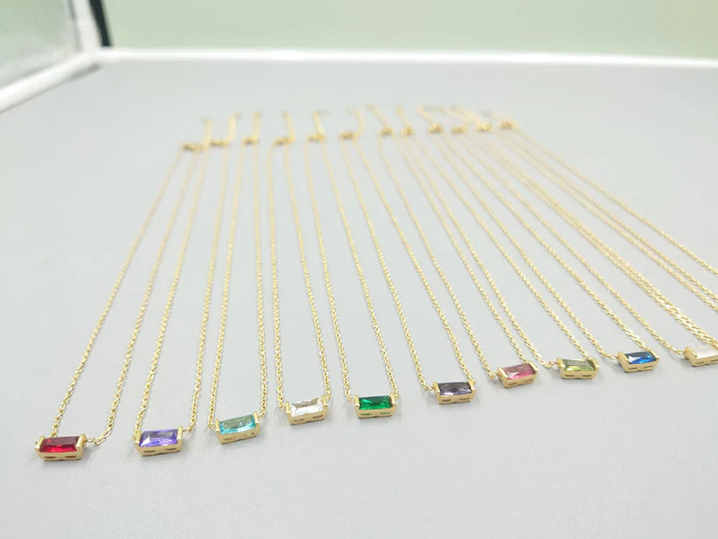 Birthstone Charm Necklace for Women — Baguette CZ Pendant, 925 Sterling Silver