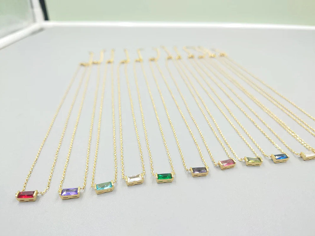 Birthstone Charm Necklace for Women — Baguette CZ Pendant, 925 Sterling Silver