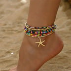 Bohemia Multilayer Rice Bead Anklet Set for Women Fashion Starfish Pendant Anklets Summer Sandy Beach Ankle Chain on Leg Jewelry