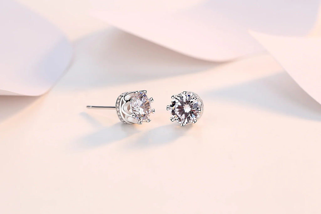 Crown Stud Earrings for Women — 1 Carat CZ, 925 Sterling Silver, Rhodium Plated