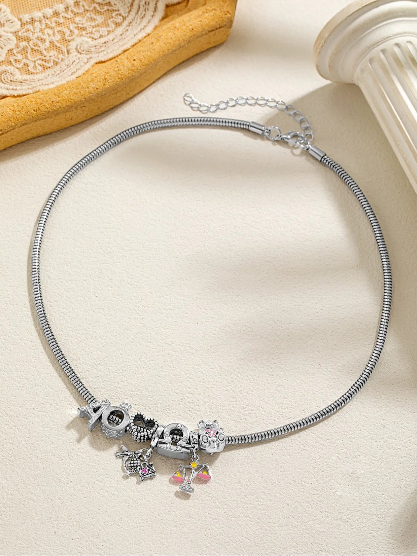 Elegant Bear Zodiac Pendant Necklace and Bracelet Set, Letter Necklace Set, Heart Initial Jewelry for Women, Perfect Gift for Holidays and Birthdays, Zirconia Jewelry Set