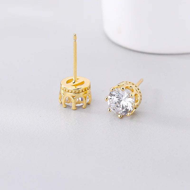 Crown Stud Earrings for Women — 1 Carat CZ, 925 Sterling Silver, 18K Gold Plated