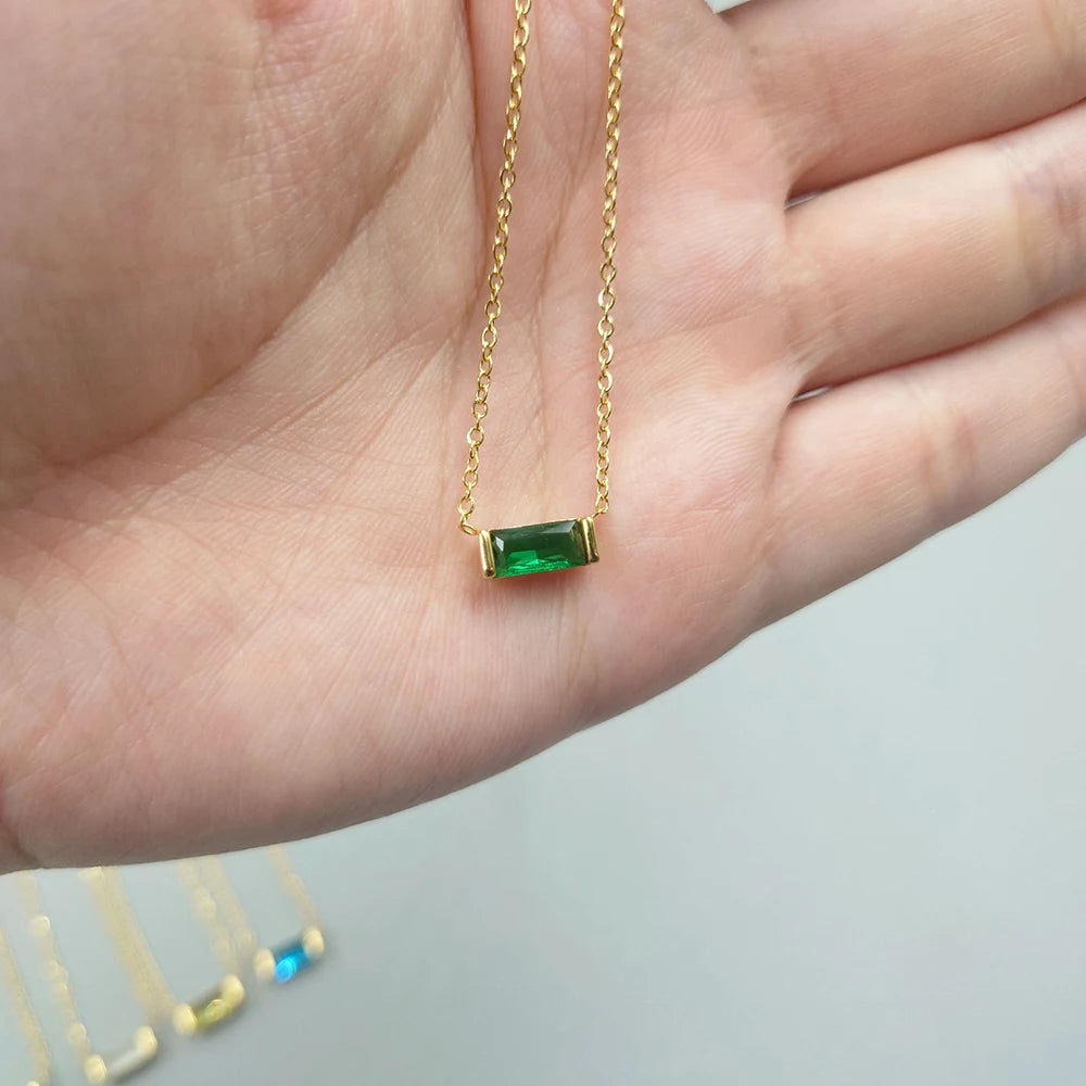 Birthstone Charm Necklace for Women — Baguette CZ Pendant, 925 Sterling Silver